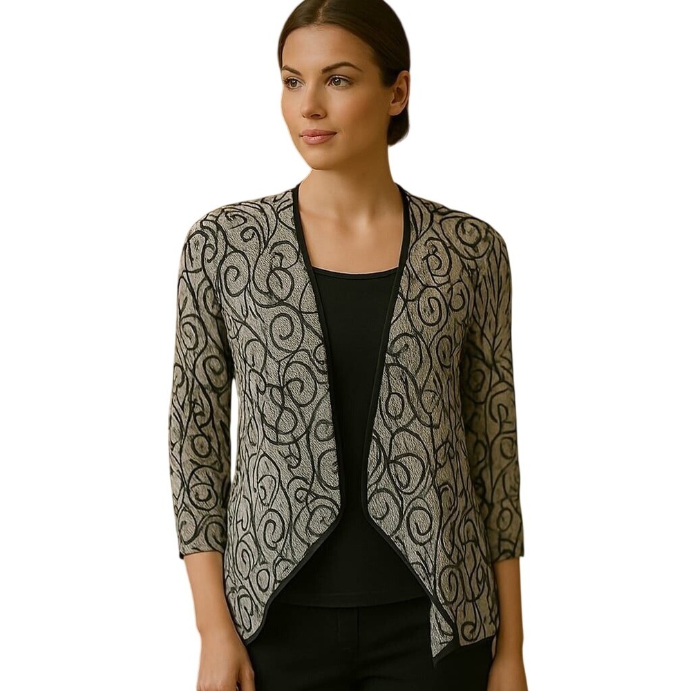 Anthro Valia Gray Black Abstract Swirl Print‎ Open Front Cardigan Lightweight S